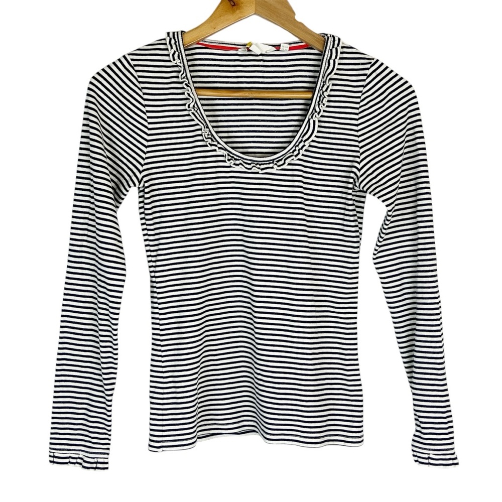 EUC Boden Scoop Frill Jersey Ribbed Knit Top in Navy Stripe